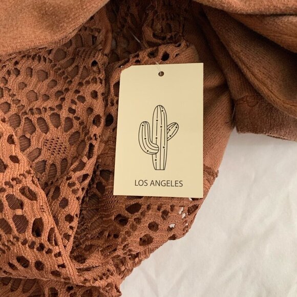 Cactus + Pearl Blouse Women's Rust Brown Large Cowl Neck Lace Overlay NWT - Picture 6 of 10